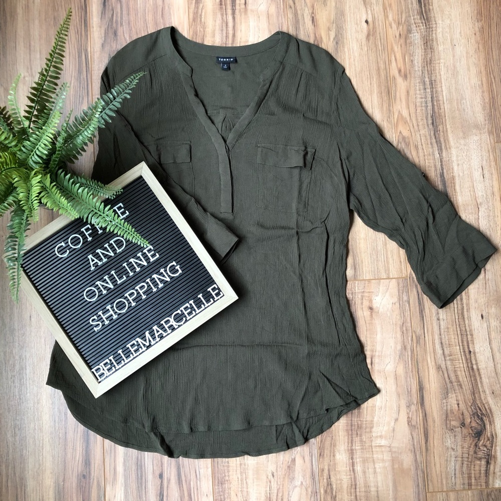 Torrid Rayon Green Work 3/4 Sleeve Blouse 2 2X